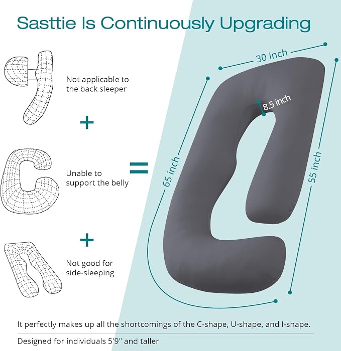 Cooling Pregnancy Pillows for Sleeping, 65'' Full Body Pillow, Dark Grey | Sasttie Maternity Pillow, OEKO-TEX, Down Alternative, Removable Cover, Pregnant Women Must Haves, Maternity Essential