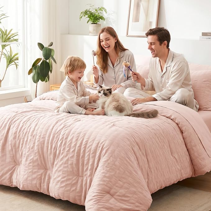 King Size Comforter Set 7 Pieces Blush Pink Seersucker Bed in a Bag | OEKO-TEX Certified, All Season Bedding Set with 240 GSM Down Alternative Comforter, Flat & Fitted Sheets, Pillowcases & Shams
