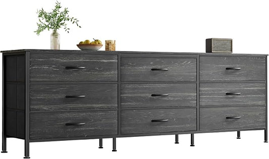 Huuger 63 Inch Dresser for Bedroom, Dresser for Closet with 9 Fabric Drawers, Large TV Stand for 55, 65, 70 Inch TV, Entertainment Center, Wide Long Chest of Drawers, Charcoal Black Wood Grain Print