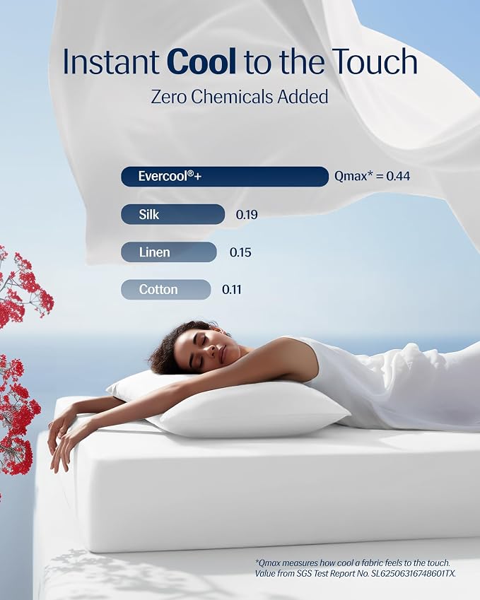 REST® Evercool® + Cooling Sheet Set for Hot Sleepers, Twin XL | Bed Sheets for Night Sweat- QMX>0.44, Ionic+ Self-Cleaning Silver Yarn for Sensitive Skin-2 Pillowcases,1 Fitted Sheet