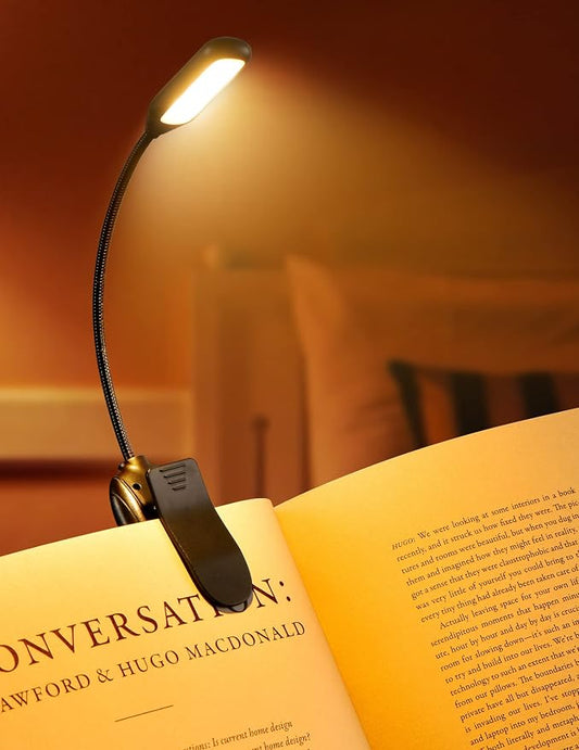 Monotremp Rechargeable Book Lights for Reading at Night, Clip-On 3 Colors | Eye-caring ultralight clip-on, stepless dimming, no flicker, amber mode, 80H runtime, 1.3oz, memory, gift for book lovers.