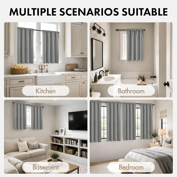 MIULEE Set of 4 Light Grey 45 Inch Short Blackout Kitchen Window Curtains | Bedroom Drapes, Light Blocking Privacy Curtains for Small Windows, Bathroom, RV/Motorhome, Laundry, Top&Bottom Rod Pocket