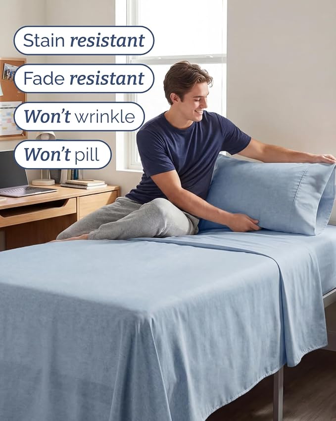 Twin XL 4 Piece Sheet Set - College Dorm Room Essentials - Heathered Blue | Ultra Soft Dorm Bedding Set, 8" to 16" Inch Deep Pockets, 1 Flat & 1 Fitted Sheet & 2 Pillowcases, Wrinkle & Fade Free