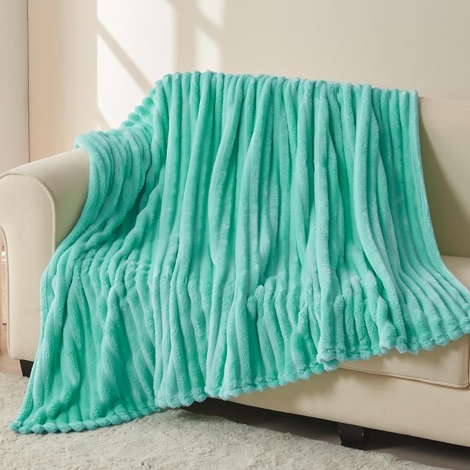NEWCOSPLAY Fleece Ribbed Cozy Twin Blanket for Couch, Aqua, 60"x80" | Premium Silky Flannel Blanket, Soft Lightweight Fluffy Throw Blanket for Bed Sofa Decor, Gift for All Season Use