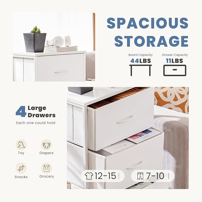 DUMOS Nightstand, Bedside Table with 4 Fabric Drawers | Night Stand with Removable Bins, Steel Frame Wood Top, Organizer Furniture for Bedroom Closet, Living Room, Chalky