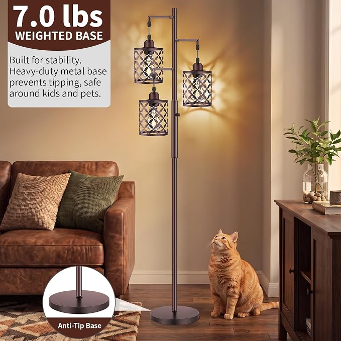 68" Industrial Tree Floor Lamp, Dimmable Farmhouse Tall Stand Light with Metal Cages & Rotary Dimmer Knob, Corner Decor Lighting for Living Room Bedroom Cafe, 3 x 800LM Bulbs Included-Brown