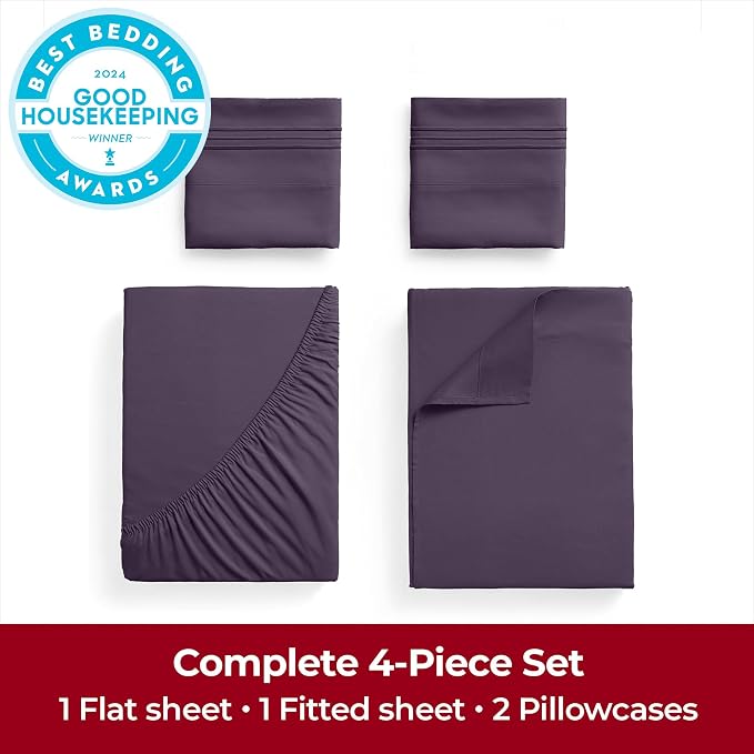Mellanni Iconic 4-Piece, Ultra Soft Sheet Set (California King, Purple) | 10M+ Sleepers. Lab-tested: Sleeps Cool, Stays Bright, Strong, Smooth. Good Housekeeping Best Bedding, 7 yrs running.