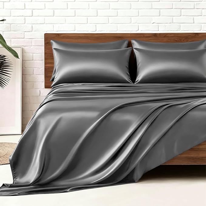 MR&HM Satin Sheets Queen Size with Elastic Corner Straps, Dark Grey | Similar to Silk, 6-Piece Silky Soft Bed Sheet Set, Gentle on Skin and Hair, 15" Deep Pocket, Cooling & Breathable