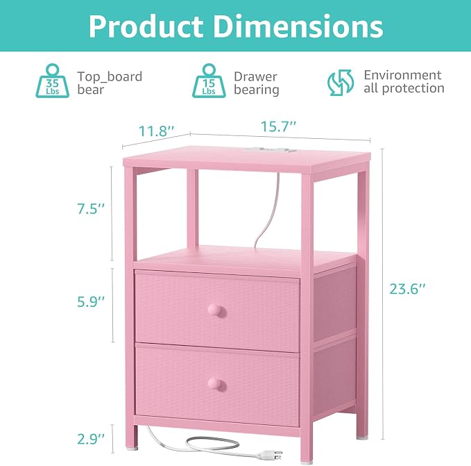 BOLUO Pink Nightstand with Charging Station, LED Night Stand with 2 Fabric Drawers, Bedside Table with USB Ports and Outlets, Nightstand for Bedroom Modern