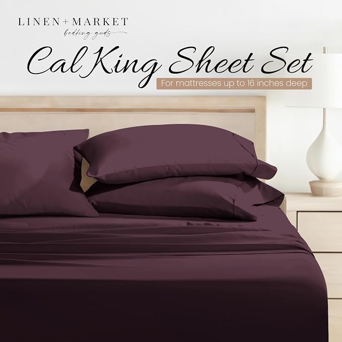 Linen Market Bed Sheets for California King Size Bed (Purple) - Sleep Better Than Ever With These Soft and Cooling California King Sheets - Deep Pocket Fits 16" Thick Beds - 4 Piece Cal King Sheet Set