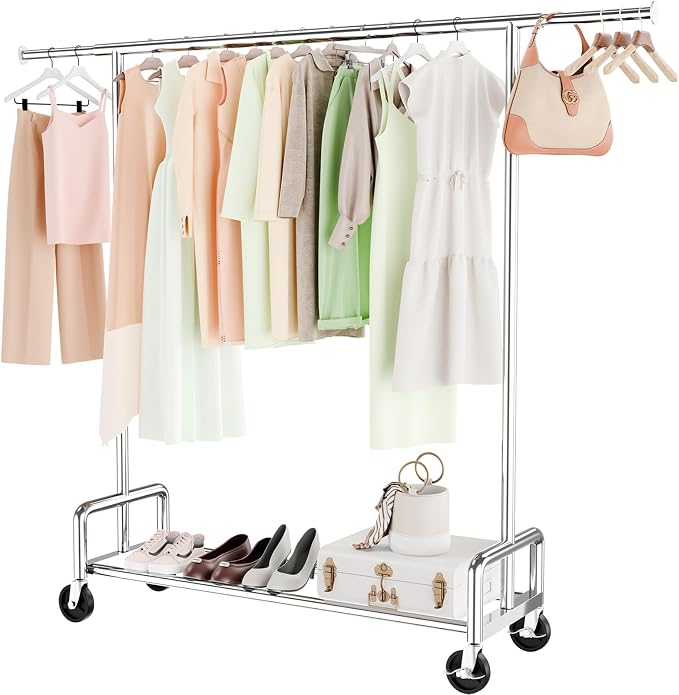 Simple Trending Rolling Clothes Rack, Heavy Duty Garment Rack, Chrome | Metal Clothing Rack, 360° Lockable Wheels, Extendable, Load 500LBS, Bedroom, Laundry Room