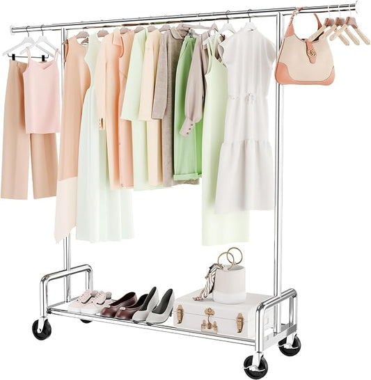 Simple Trending Rolling Clothes Rack, Heavy Duty Garment Rack, Chrome | Metal Clothing Rack, 360° Lockable Wheels, Extendable, Load 500LBS, Bedroom, Laundry Room