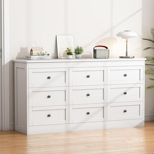 wanan 9 Drawer Dresser for Bedroom, White Modern 59'' Wide Wood Chest of Drawers, Dresser TV Stand, Storage Organizer with Metal Handles for Living Room, Hallway, Entryway