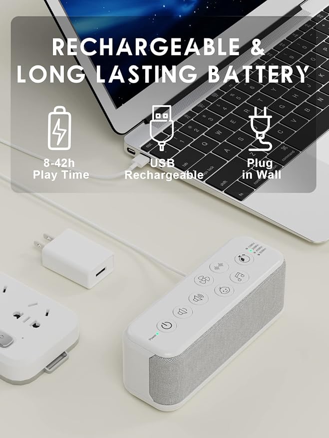 White Noise Machine, Sound Machine for Office Privacy, Sleep and Focus | 42 Non-Looping Sounds, 3000mAh USB-Rechargeable Battery, Dual Speakers, Auto-Off Timer, 8 Volume Levels and Memory