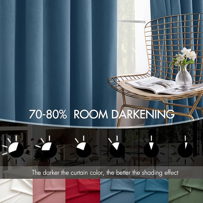 MIULEE Velvet Curtains 50W x 96L 2 Panels Stone Blue Blackout Curtains | Luxury velvet fabric, pinch pleat design, back tab hooks, thermal insulated, blackout light blocking, for living room bedroom