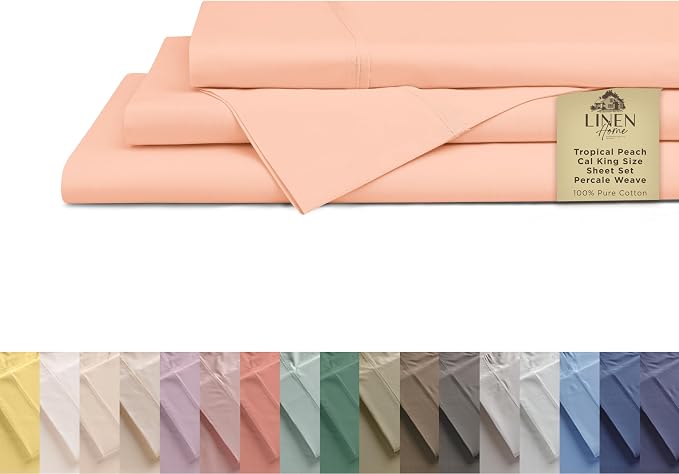 Linen Home 100% Cotton Percale Sheets California King Size, Tropical Peach, Deep Pocket, 4 Pieces Set- 1 Flat, 1 Fitted and 2 Pillowcases, Crisp Cool and Long Staple Strong Bed Linen