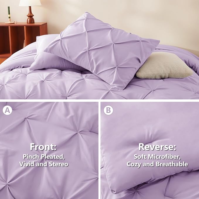Queen Comforter Set Lavender, 7 Pieces Pintuck Bed in a Bag | OEKO-TEX 100 Certified, 240GSM All Season, Bedroom, Guest Room, Down-Alternative Comforter, Sheets, Pillowcases & Shams