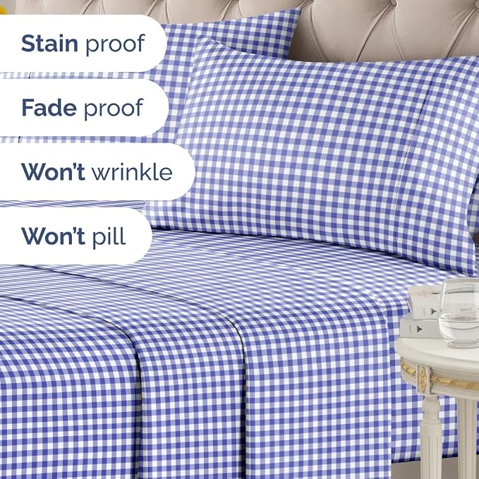 Cal King 4 Piece Striped Sheet Set - Breathable & Cooling - Blue Gingham | 1 Flat, 1 Fitted & 2 Pillowcases w/ Deep Pockets, Luxury Striped Bedding, Soft, Breathable & Cooling, Wrinkle & Fade Free