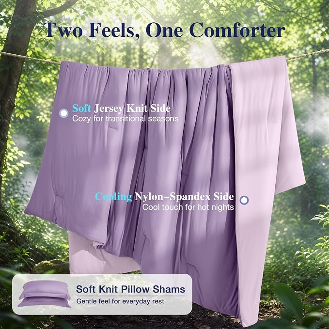 Cooling Comforter Set Twin XL Size, Lightweight Summer Comforter for Hot Sleeper, Reversible Bedding with ICY Cooling Surface, Includes 1 Comforter (68"x 88") and 2 Shams (20"x 26"), Lavender