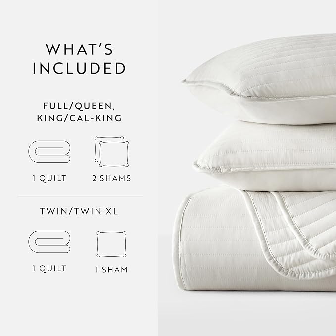 Merit Linens Modern Quilt Coverlet Soft Set in Stripe Stitching - King/Cal-King Natural