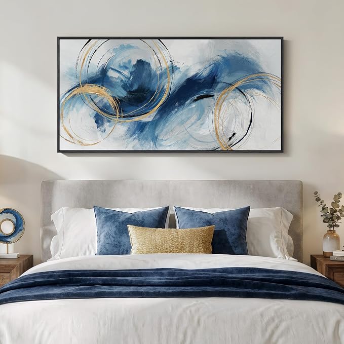 Large Framed Navy Blue Abstract Wall Art for Living Room, Horizontal 30x60 | Contemporary picture, Canvas prints, Wood frame, Modern minimalist painting, Artwork for walls, Wall decor for bedroom office