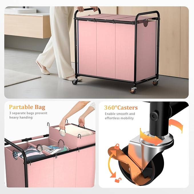 180L Laundry Sorter 3 Section, Rolling Laundry Basket with Wheels and Lid | 47.55 Gal Laundry Hamper, 3 Separated Removable Bags, Lockable Wheels, Dirty Clothes Hamper for Laundry Room Organizer, Pink