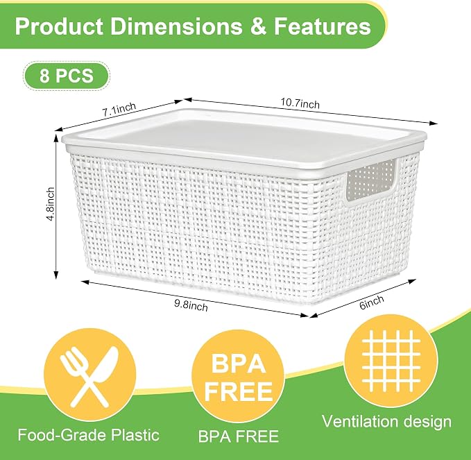6 Pack Plastic Storage Baskets with Lid,White Stackable Bins | Durable Woven Plastic With handle Breathable,Save space,For Organizing Desktops, Closets, Playrooms, Classrooms, Offices