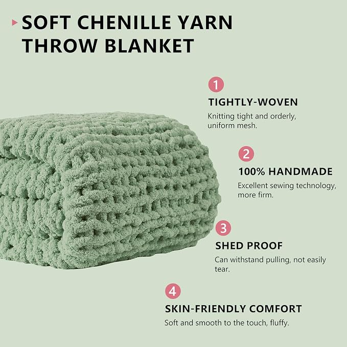 L'AGRATY Chunky Knit Throw Blanket for Couch, 60 x 80 Inches, Sage Green | Handmade Chenille Crochet Blanket for Sofa Bed, Thick Cable Knitted Blankets for Room Home Decor, Birthday Gift for Women Mom