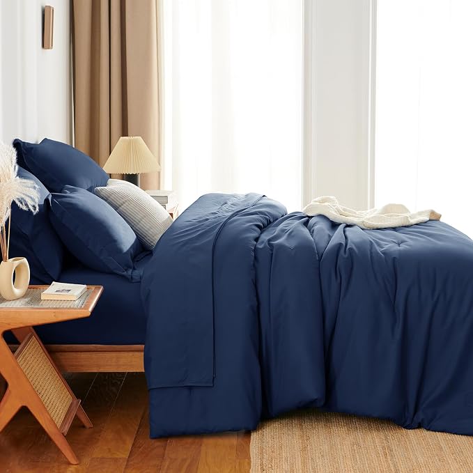 HIMEET Queen Comforter Set, 7-Piece Point-Quilted Bed in a Bag Navy Blue | OEKO-TEX Certified, Lightweight 240 GSM Comforter, Flat Sheet, 14-Inch Deep-Pocket Fitted Sheet, Pillowcases & Shams