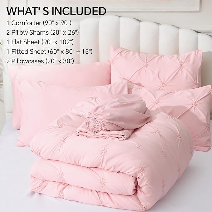 BEDELITE Queen Comforter Set Baby Pink,Lightweight & Soft Comforter | 7 Pc Boho Bed in a Bag,Warm & Cute Bed Set for All Season,Includes Comforter,Flat & Fitted Sheets,2 Pillowcases & 2 Shams