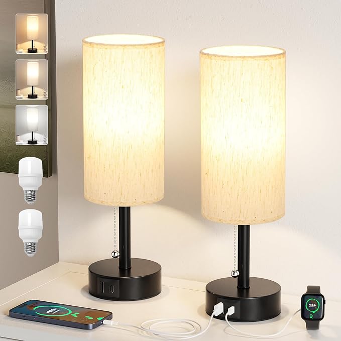 Cream Bedside Table Lamps Set of 2 - Bedroom Lamp for Desk, USB C+A | 3CCT(3000K/4000K/5000K), LED Bulbs Included, Cream Fabric Lampshade, 14in Small Lamp for Nightstand, Guest Room, Living Room