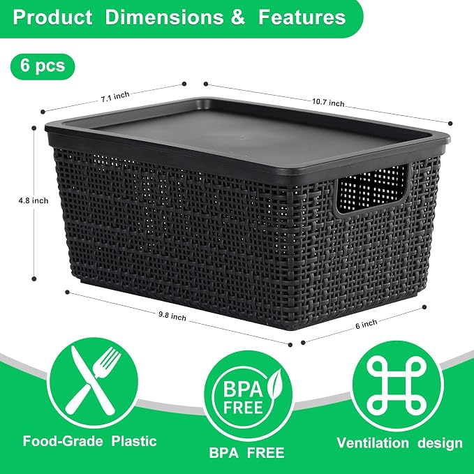 6 Pack Plastic Storage Baskets with Lid,Black Stackable Bins | Durable Woven Plastic With handle Breathable,Save space ,For Organizing Desktops, Closets, Playrooms, Classrooms, Offices