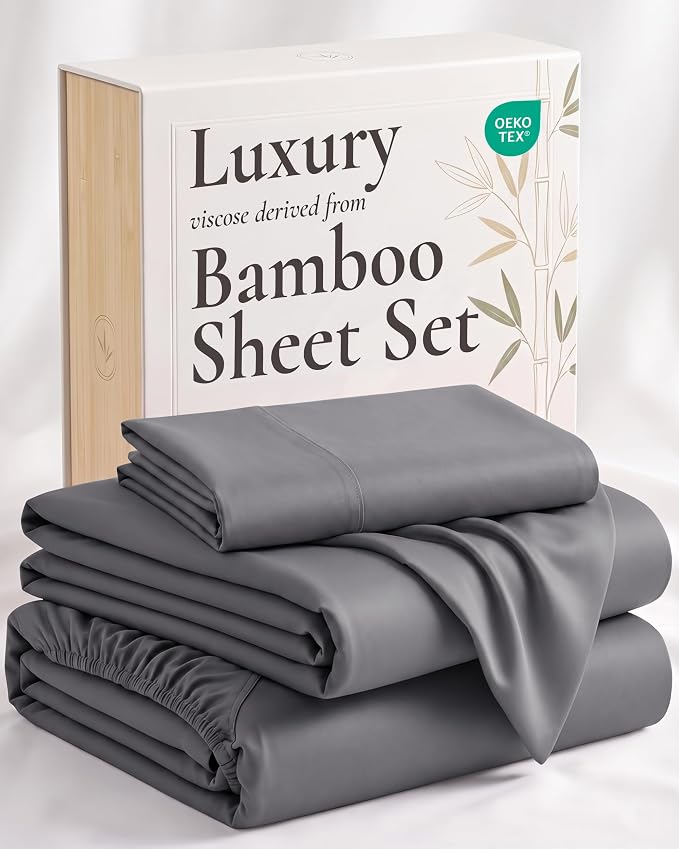 Hotel Sheets Direct 3 Piece Bed Sheet Set Twin XL Size, 100% Viscose Derived from Bamboo Sheets Set with 1 Pillowcase, Cooling & Breathable Luxury Bedding, Moisture-Wicking & Silky Soft, Dark Gray