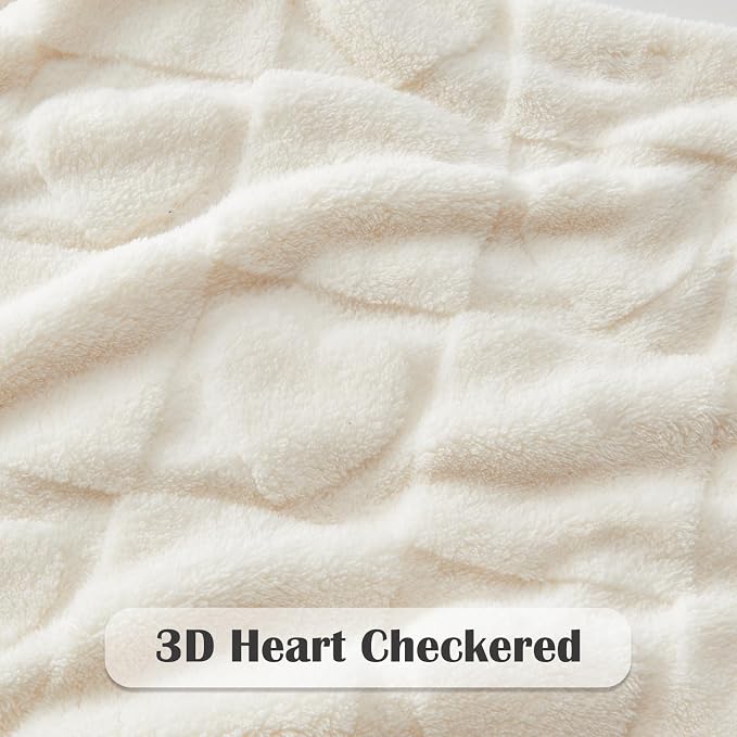 NEWCOSPLAY 3D Heart Checkered Flannel Queen Blanket, Ivory Love, 90"x90" | Super Soft Cute Lightweight Decorative Premium Silky Fleece Blanket for Couch Sofa Bed, Gift for Women Men, All Season Use