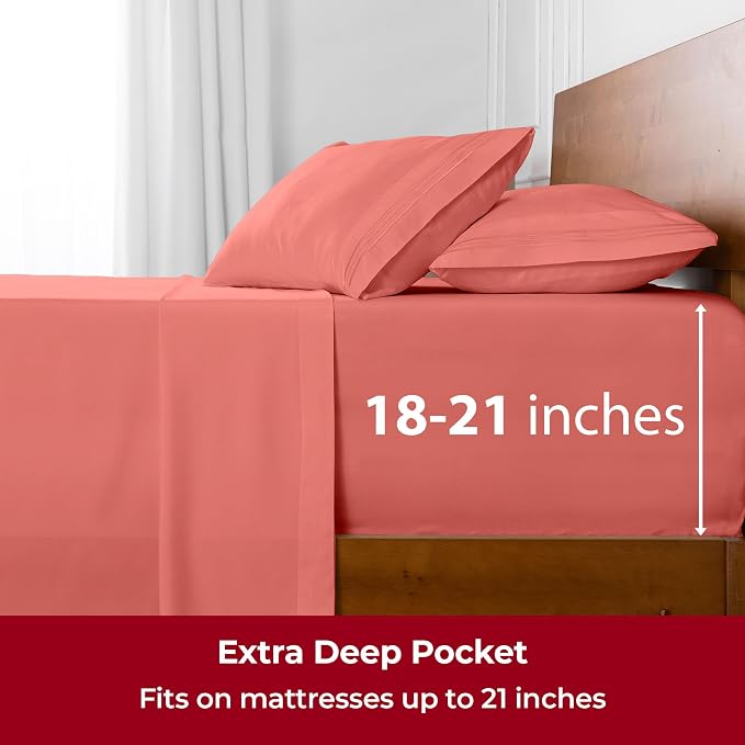 Mellanni Iconic 4-Piece, Ultra Soft Sheet Set (California King, Coral) | 10M+ Sleepers. Lab-tested: Sleeps Cool, Stays Bright, Strong, Smooth. Good Housekeeping Best Bedding, 7 yrs running.