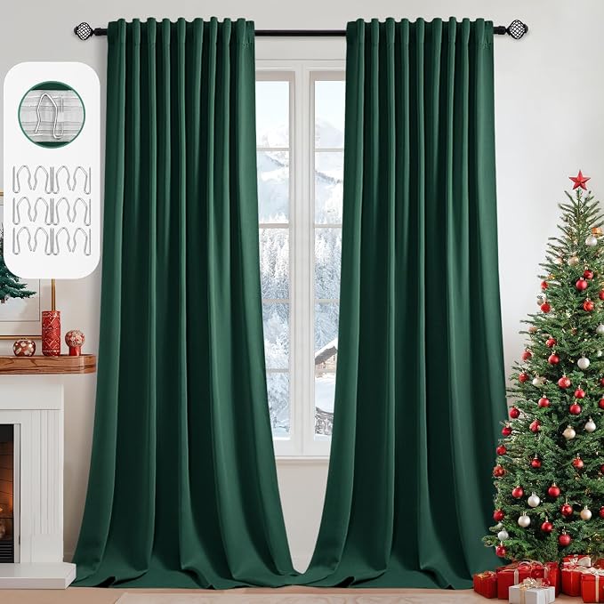 MIULEE Christmas Hunter Green Back Tab Blackout Curtains 52"x102" 2 Panels | Rod Pocket Pinch Pleated, Thermal Insulated, Room Darkening, Light Blocking, Privacy Curtains for Living Room Bedroom
