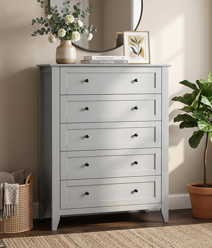Garvee Grey 5-Drawer Dresser for Bedroom, 42.7" H Storage Drawers Organizer | Modern Lacquered Chest of Drawers, 15.8"D x 31.5"W x 42.7"H, Storage Dresser with Deep Drawers for Home Office