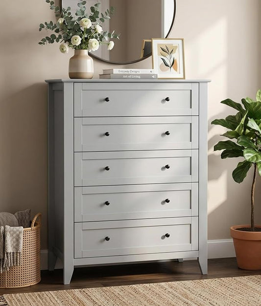 Garvee Grey 5-Drawer Dresser for Bedroom, 42.7" H Storage Drawers Organizer | Modern Lacquered Chest of Drawers, 15.8"D x 31.5"W x 42.7"H, Storage Dresser with Deep Drawers for Home Office