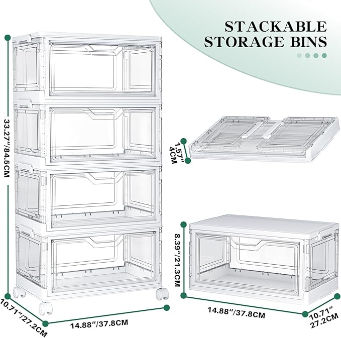 Kmiectse Clear Storage Bins with Lids - 4 Tier 23qt Plastic Stackable Bins | Closet Organizers Box for Bedroom, Living Room, 23 QT Folding Box with Magnetic door
