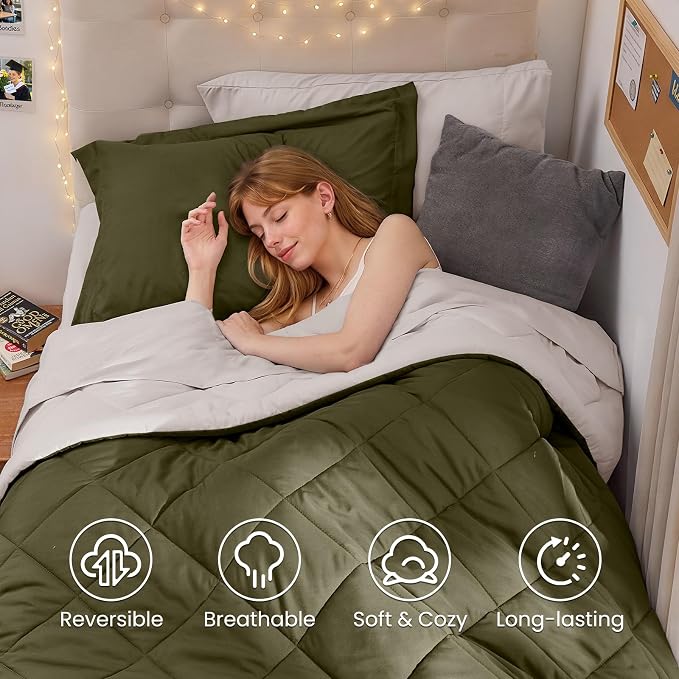 5 Pieces Twin XL Comforter Set, Reversible Bed in a Bag Twin XL Size, All Season Bedding Set with Comforter, Flat Sheet, Fitted Sheet, Pillowcases & Shams, Olive Green & Beige