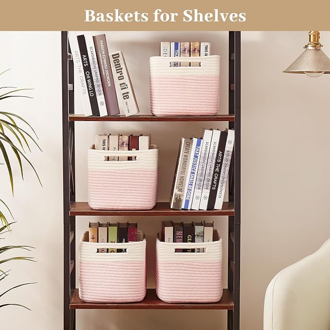 OIAHOMY 4 Pack Storage Basket, 13"x9"x7.8" Cotton Rope Baskets for Shelves, Closet Organizer for Bedroom & Living Room, Soft Decorative Bins for Organizing Towels, Books & Toys, Pink & White