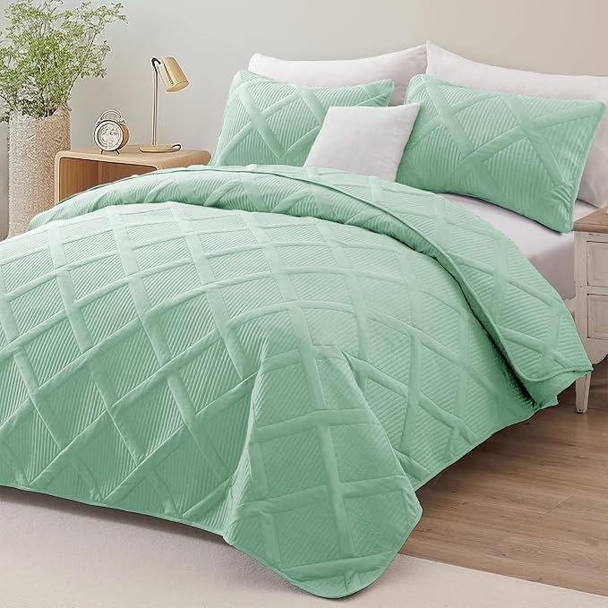 Exclusivo Mezcla Quilts Queen Size, Light Green | Soft Bedspreads with 2 Pillow Shams, Modern Striped Pattern, Lightweight Bedding Set Coverlets for All Seasons, 90x96 Inch