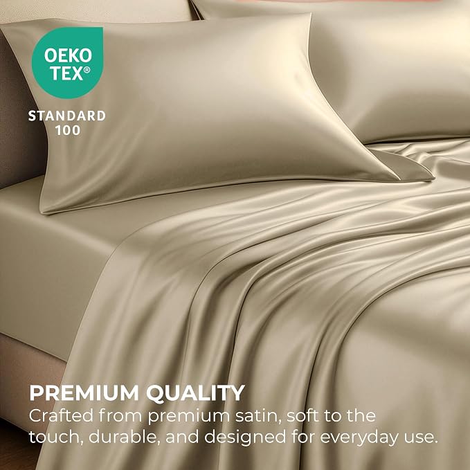 Satin Sheets Queen [4-Piece, Champagne Gold] Hotel Luxury Silky Bed Sheets - Extra Soft 1800 Microfiber Sheet Set, Wrinkle, Fade, Stain Resistant - Deep Pocket Fitted Sheet, Flat Sheet, Pillow Cases