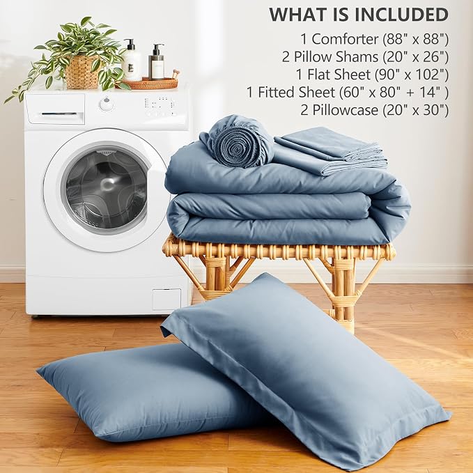 HIMEET Queen Comforter Set, 7-Piece Point-Quilted Bed in a Bag Grayish Blue | OEKO-TEX Certified, Lightweight 240 GSM Comforter, Flat Sheet, 14-Inch Deep-Pocket Fitted Sheet, Pillowcases & Shams