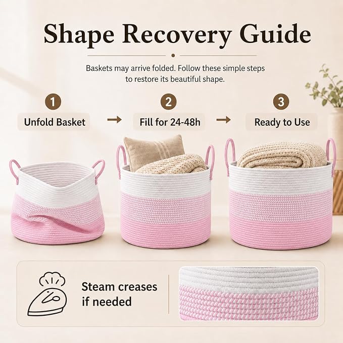 JMvicyroam 115L Extra Large Blanket Basket for Living Room - Woven Cotton Rope Laundry Hamper with Reinforced Handles - Storage Bin for Pillows, Comforters & Toys - Machine Washable,White&Pink Mix