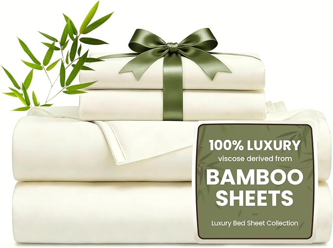 Love's cabin 3 Piece Twin Sheet Set, 100% Rayon Derived from Bamboo, Cooling & Breathable, Soft Silky Deep Pocket up to 16", Hotel Luxury Bedding for Hot Sleepers, Ivory