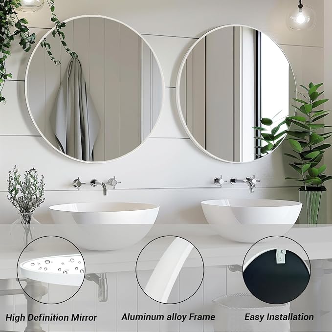 White Round Mirror 24 inch, 2 Pack Circle Mirror, Matte Metal Frame | High Definition Mirror, Waterproof, Sturdy, Circle Mirror for Bathroom, Bedroom, Entryway, Living Room, Wall Décor