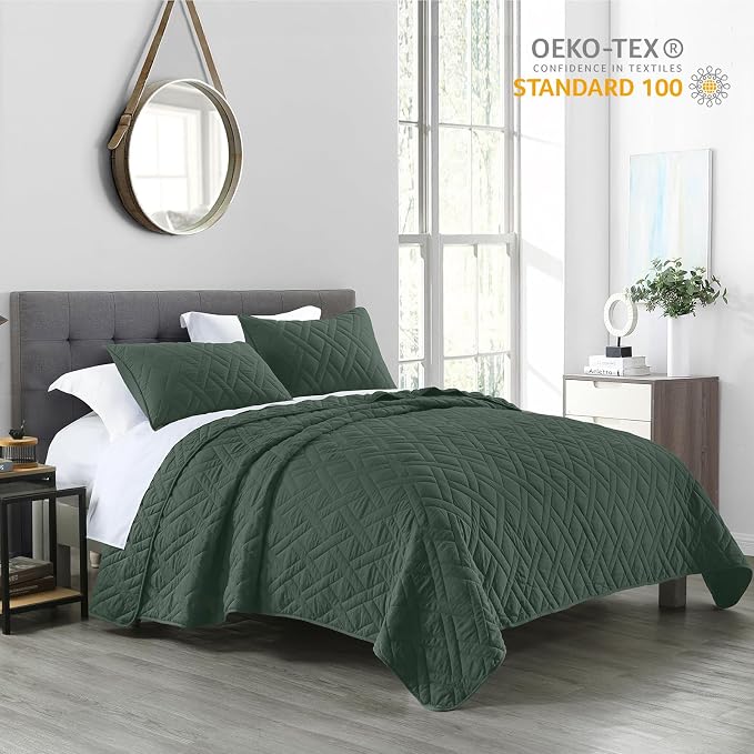 HORIMOTE HOME Quilt Set King Size Dark Green, Classic Geometric Diamond Stitched Pattern, Ultra Soft Microfiber Lightweight Bedding Bedspread Coverlet for All Season with 1 Quilt 2 Pillow Shams