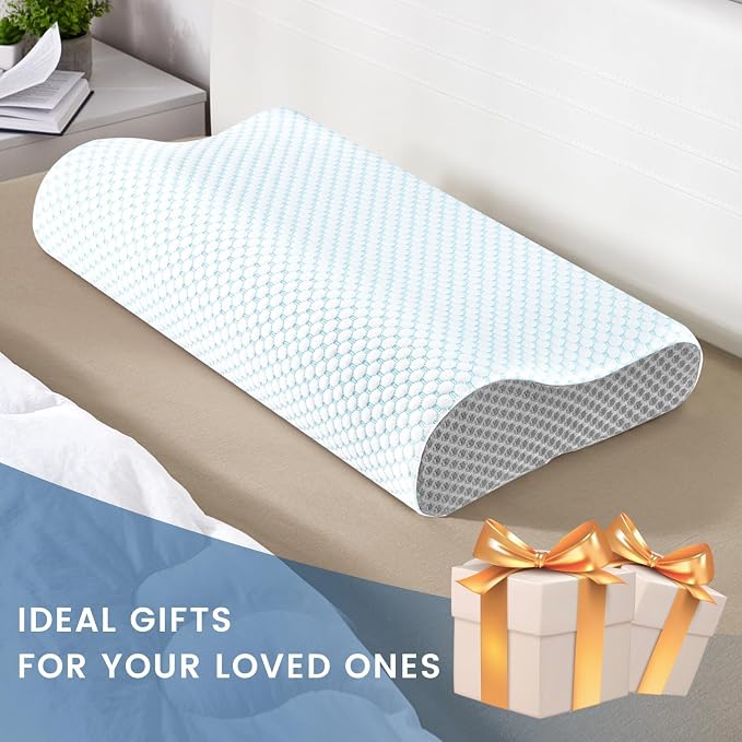 Memory Foam Pillows Neck Pillow Bed Pillow for Sleeping, Ergonomic Cervical Pillow for Neck and Shoulder Pain Relief,Orthopedic Contour Pillow for Side Back Stomach Sleeper(Blue&Grey)
