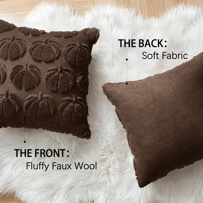 MIULEE Fall Pillow Covers Pumpkin Fall Decor 18x18 Reddish Brown | Set of 2 Fall Decorations for Home, Plush Faux Fur Farmhouse Accent Pillowcases, Porch Sofa Couch Cushion Bed Livingroom